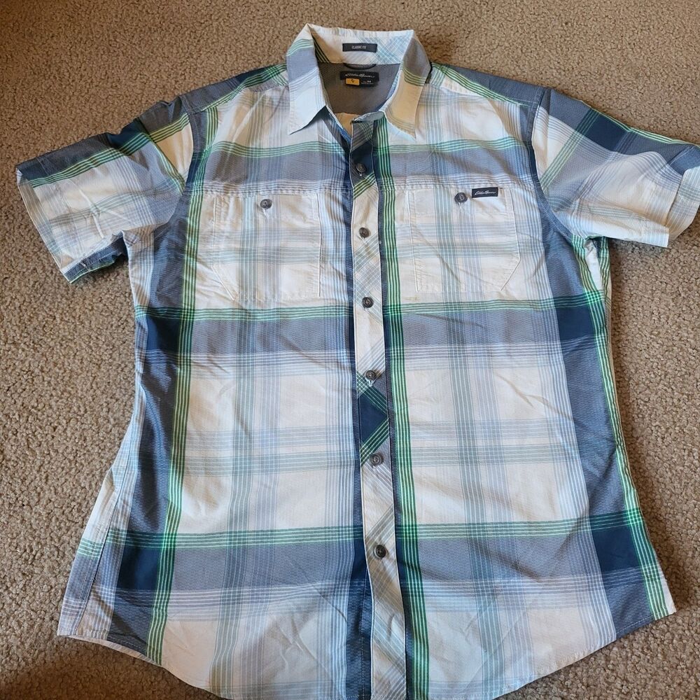 Eddie Bauer Classic Fit Shirt Short Sleeve Button Down Men's M White/Blue/Green